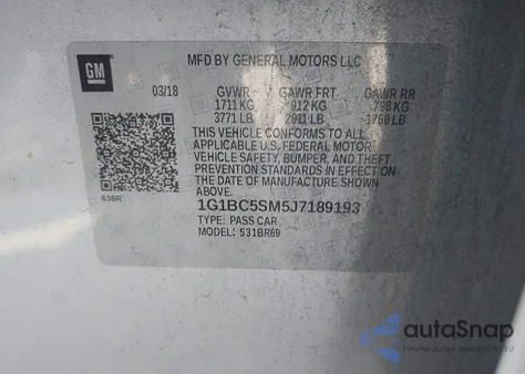 2018 Chevrolet Cruze Ls Auto z USA, uszkodzony, nr VIN 1G1BC5SM5J7189193